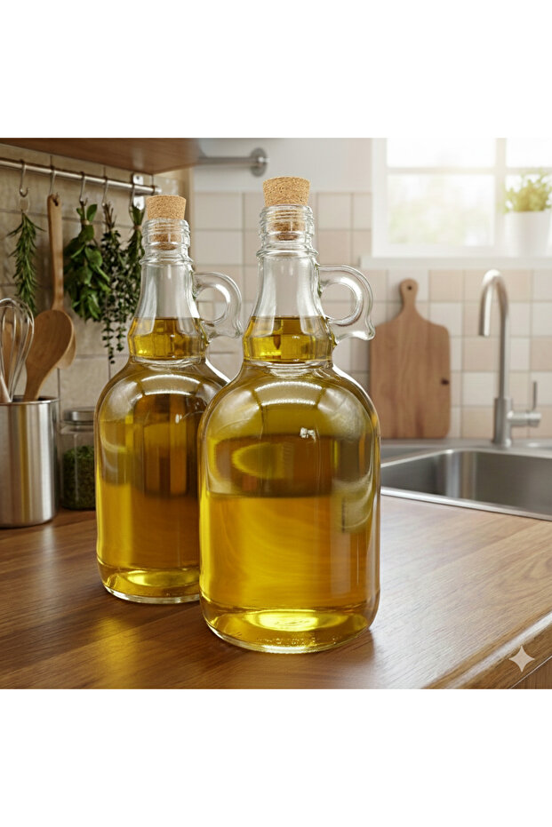 2Pcs Empty Glass Bottle Oil Pot Olive Oil Sunflower Oil Gallon Bottle with Cork Stopper and Handle 2X1000Ml