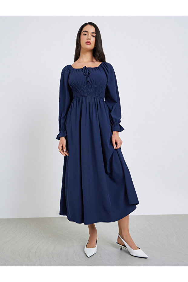 Women Navy Blue Long Sleeve A-Line Midi Dress