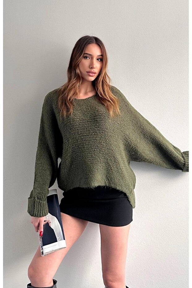 Boat Neck Sleeve Layered Thick Knit Sweater
