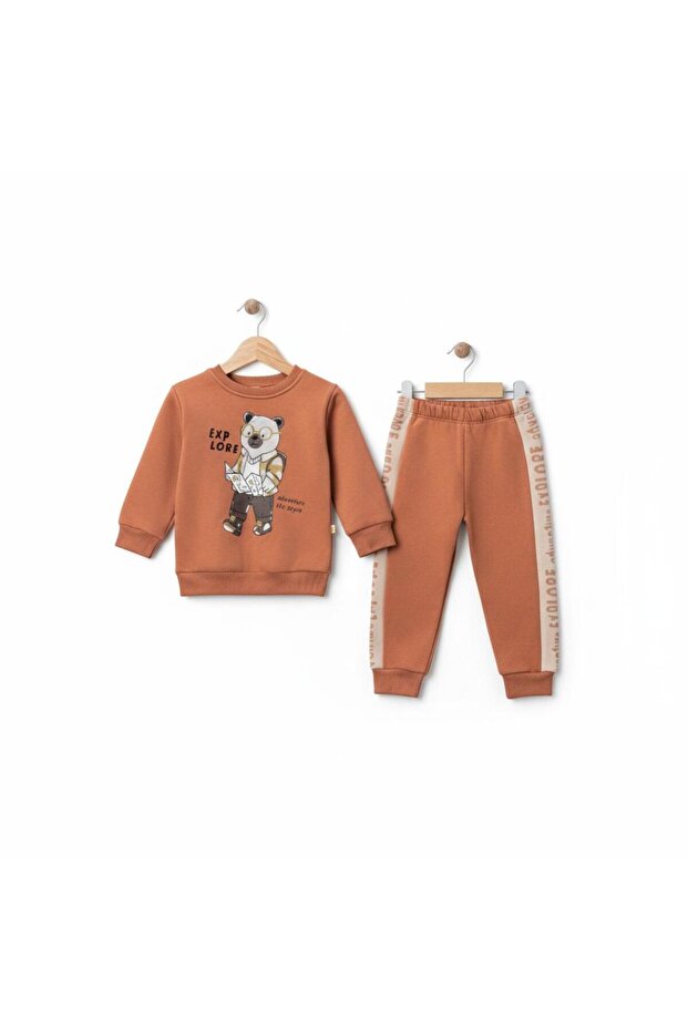 Boy's Orange Basic 3 Thread Fleece-Lined Winter Tracksuit Set - 2