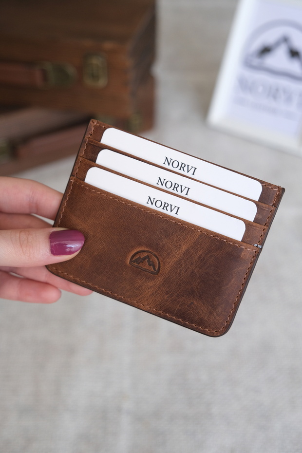 Genuine Leather Men-Women Thin Hazelnut Color Card Holder 1144