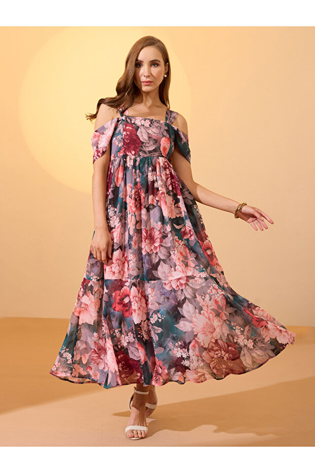 Floral Printed Cold Shoulder Sleeves Maxi Dress