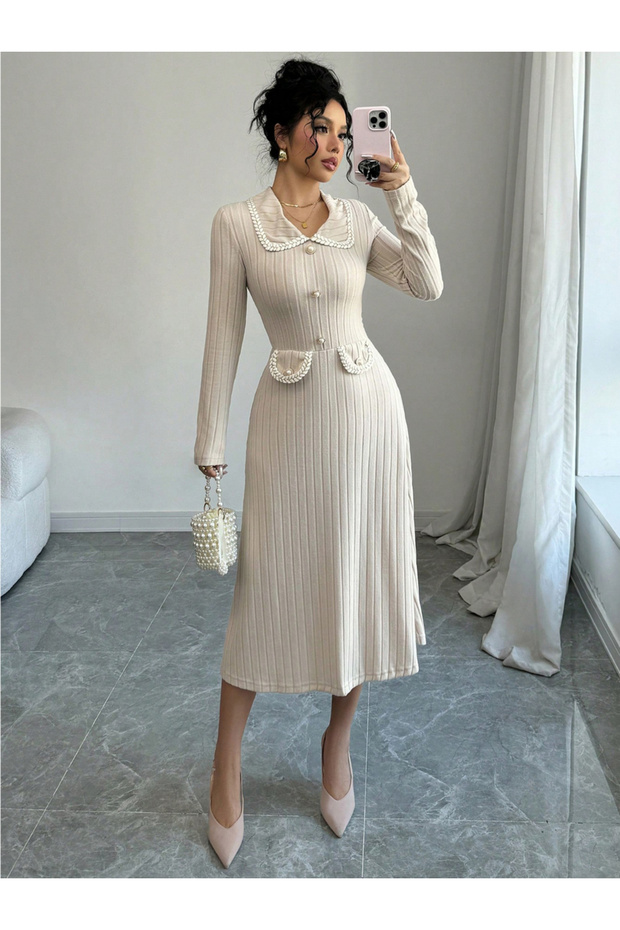 Women Button Flap Detail A-Line Midi Dress