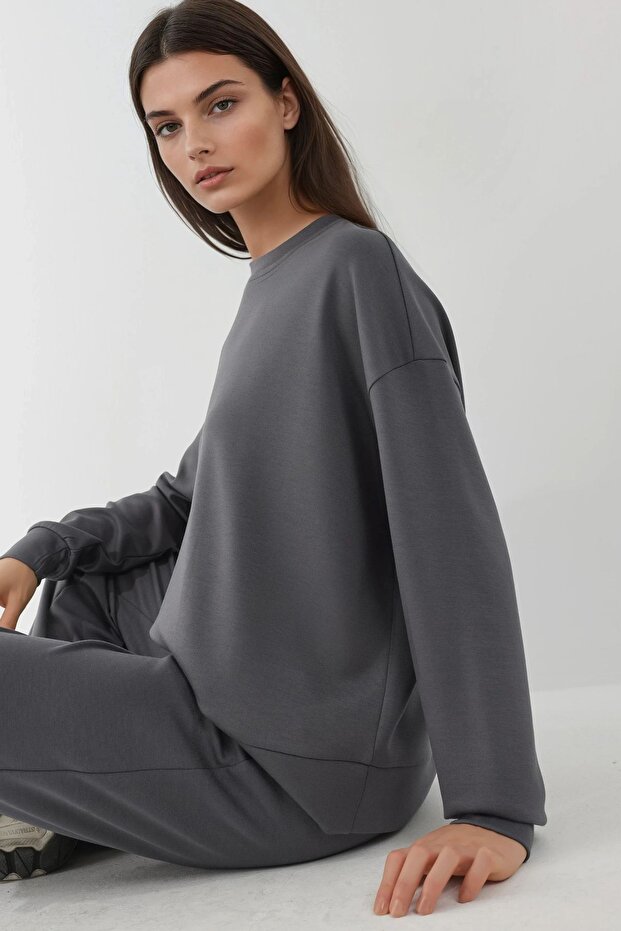 Modal Touch Basic Sweatshirt & Geniş Paça Pantolon İkili Takım - 3