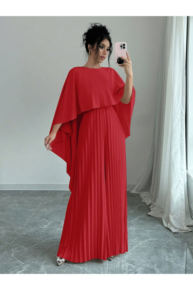 Women Red Pleated Maxi Dress with Cape Sleeves