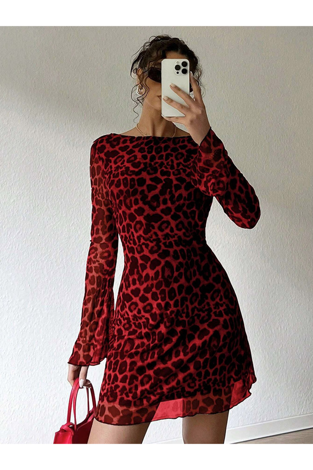 Women's Leopard Print Backless Long Sleeve Mini Dress