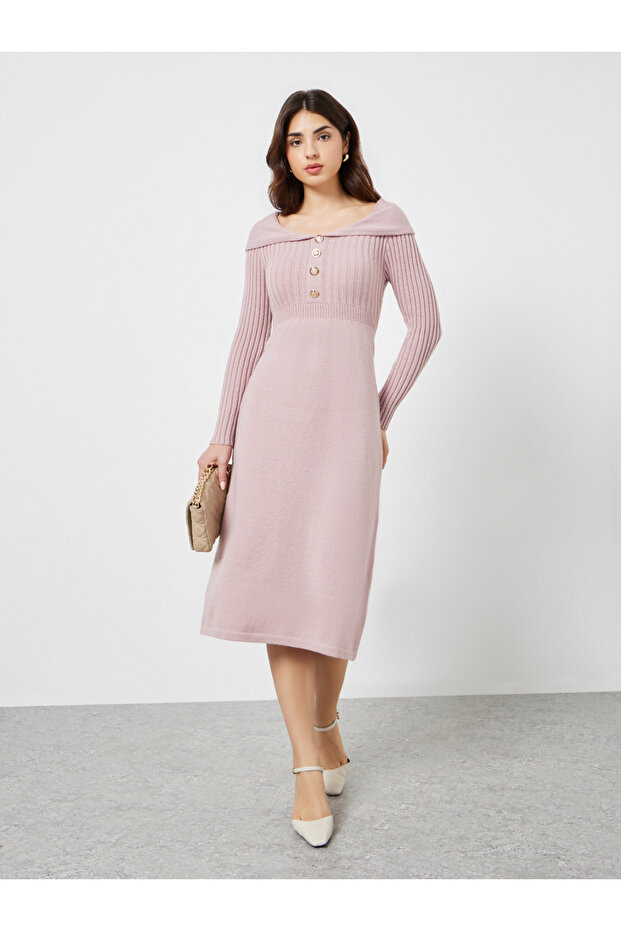 Pink Long Sleeves Sweater Midi Dress