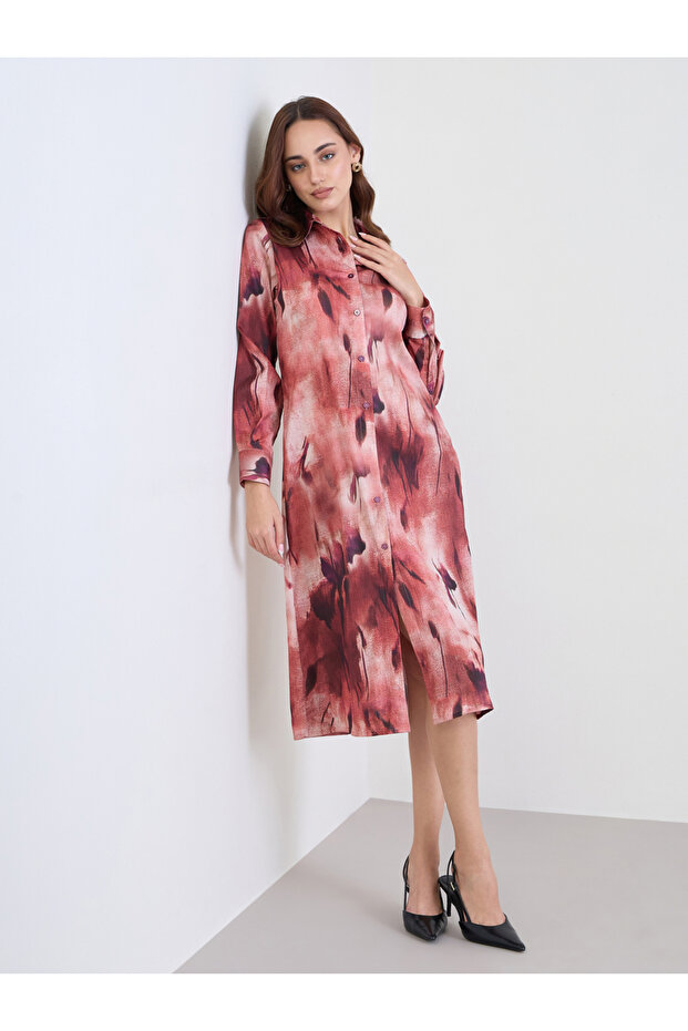 Abstract Print Buttoned Midi Shirt Dress