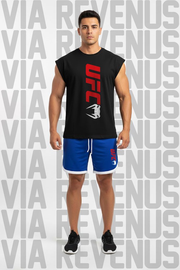 Ufc Printed Black Sleeveless 100% Cotton T-Shirt and Piped Jersey Fabric Sports Shorts Combination Set