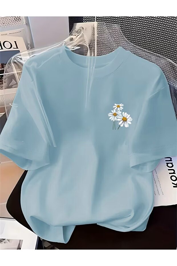 oneagılyazı Yumuşak ve Rahat Yeşil Papatya Baskılı T-Shirt