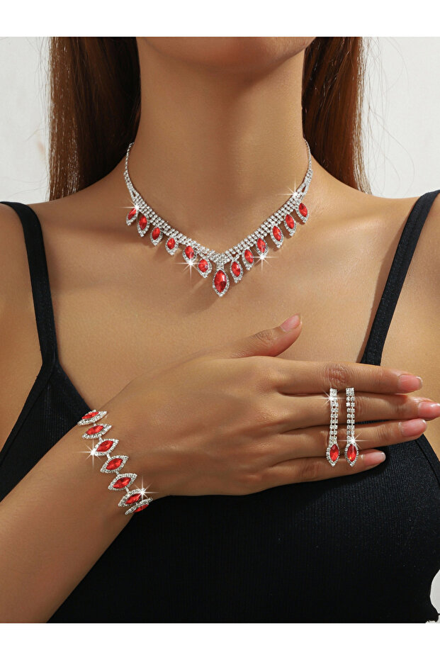 Red Crystal Necklace with Bracelet and Earrings Set