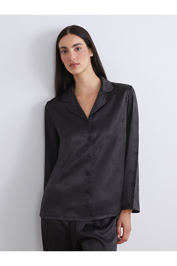Shirt Collar Bow Satin Women's Pajama Set