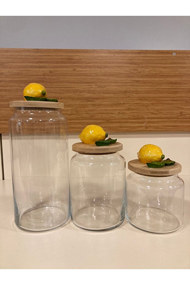 Jar Set of 3 in 3 Sizes Handmade Porcelain Lemon Decorated Vacuum Lid Heights 21-14-11-cm
