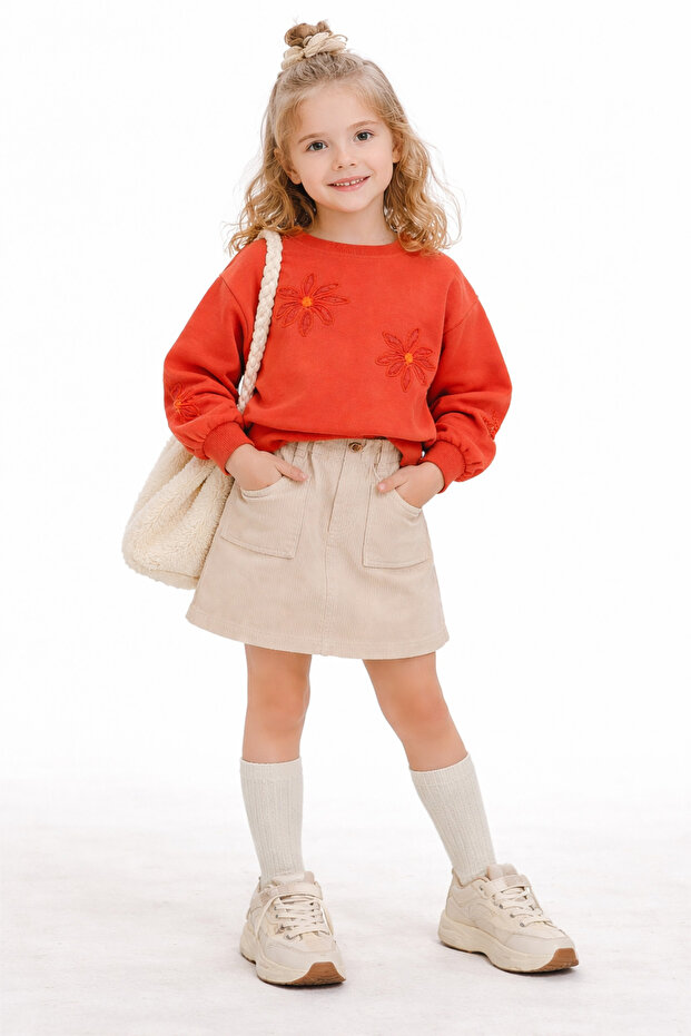 Orange Floral Embroidered Girls' Sweatshirt