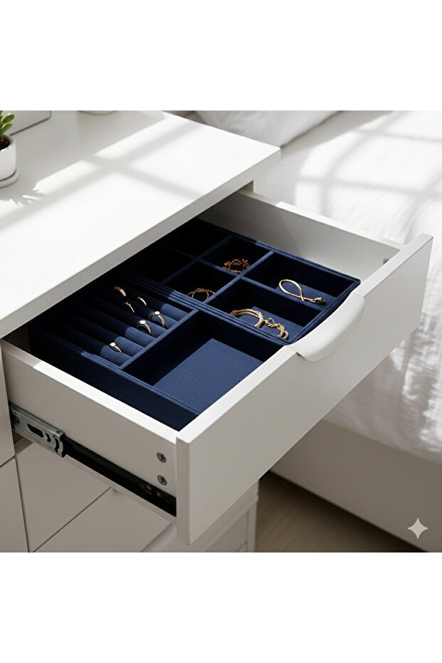 Navy Blue Suede Drawer Jewelry Double Organizer Set | Ring, Earring and Necklace Organizer