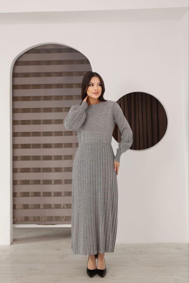 Women's Gray Crew Neck Striped Knitwear Dress