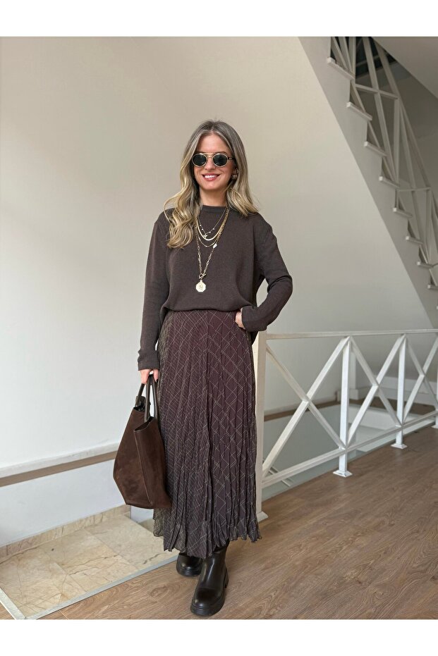 تنورة ميدي مبطنة بنمط متدرج - كاكي/بني - 3