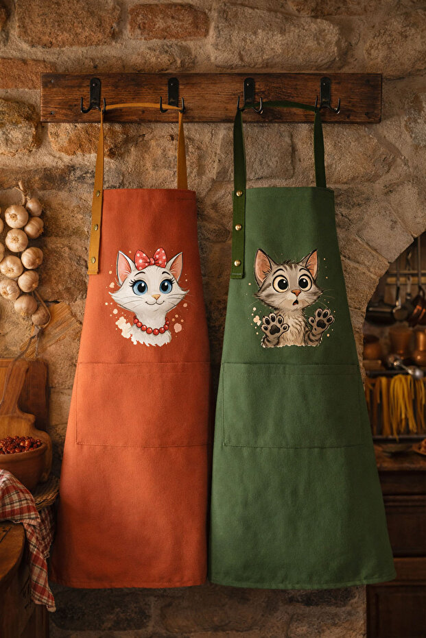 Kitchen Apron Set of 2, Stain-Resistant, Water-Repellent Fabric, Colorfast Print, Chef Kitten Pattern Double Apron