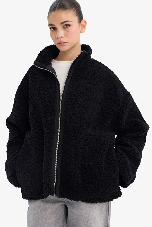 Oversized Wide Fit Mock Neck Zippered Plush Cardigan G6576Ax25Wn