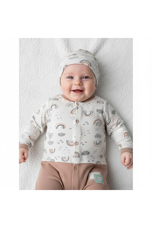 بذلة أطفال مع قبعة منقوشة بنقش السحاب - 4