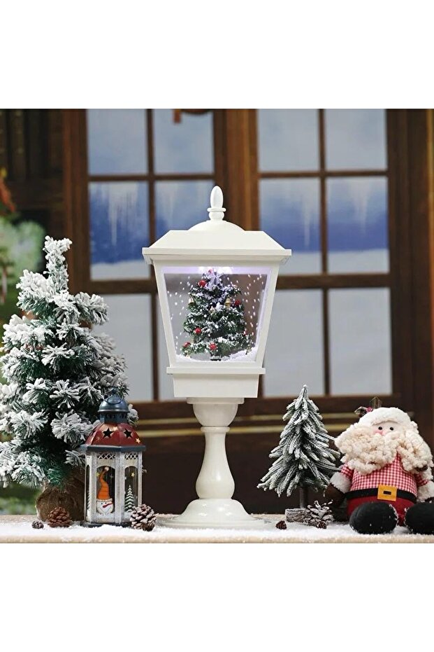 Christmas Street Lamp with Santa, Light, Music & Snowfall Effect, white-64cm