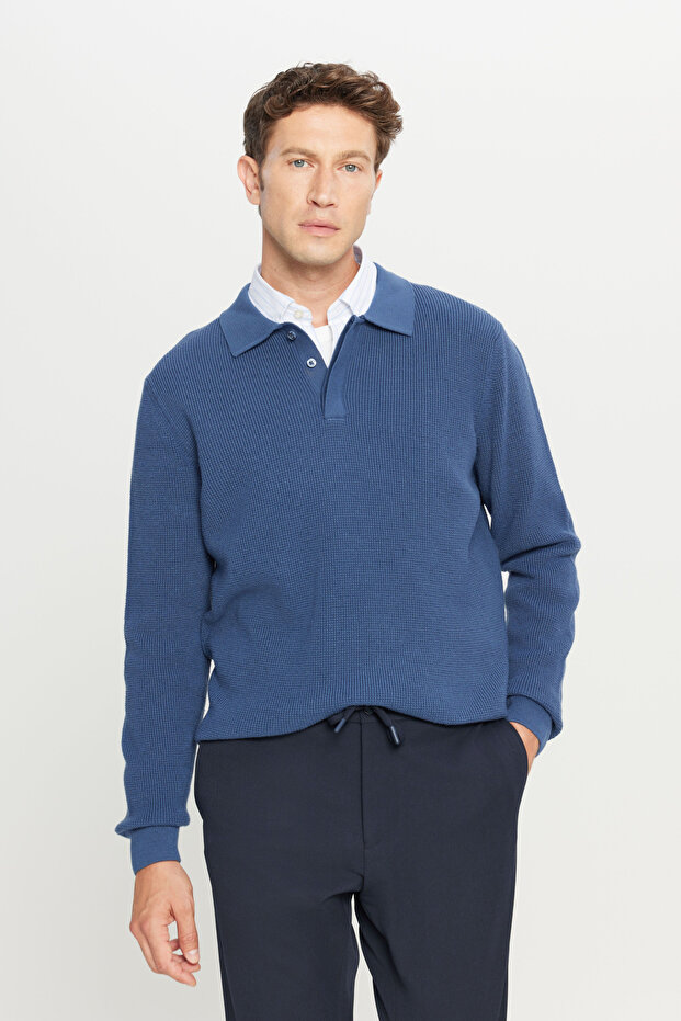 Men's Blue Cotton Standard Fit Regular Cut Jacquard Polo Neck Knitwear Sweater