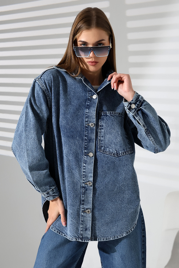 Women Oversized Cut Denim Shirt Jacket Single Pocket Snow Wash Dark Blue Color Casual Chic -Bnj4900
