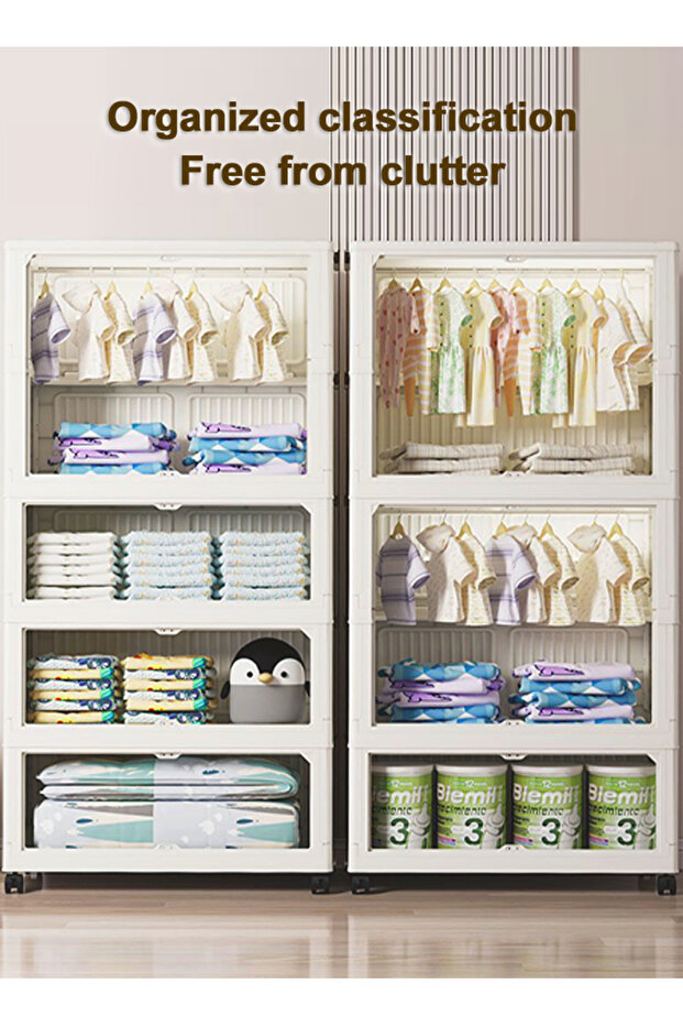 خزانة ملابس قابلة للطي والتكديس مزودة بعجلات وأبواب شفافة - 3