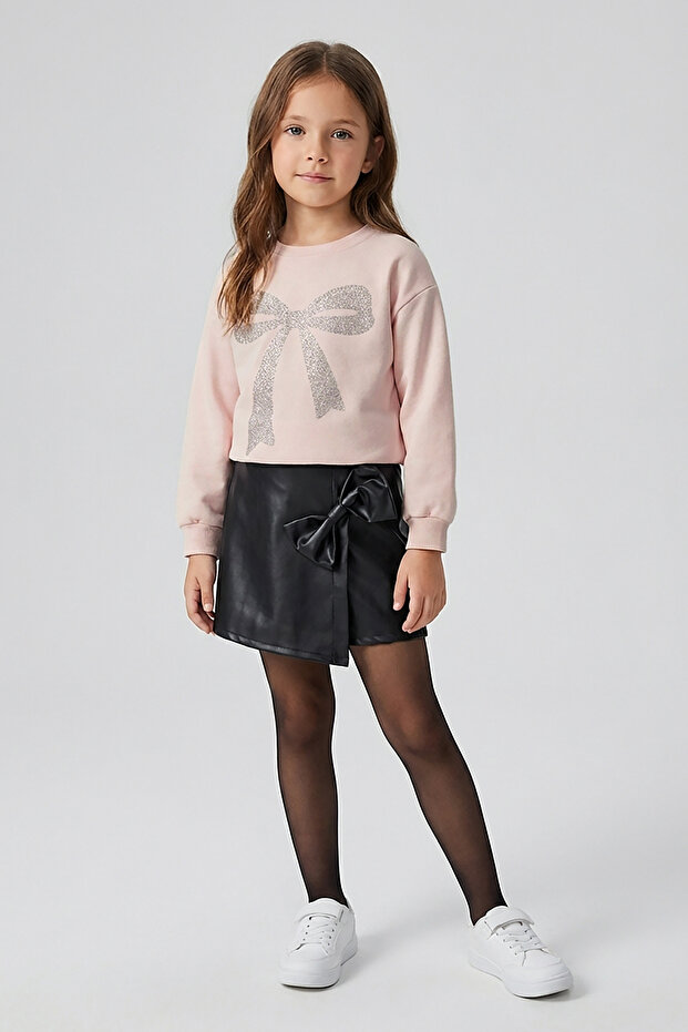 Girl's Leather Shorts Skirt with Ribbon Pattern Sweat Suit
