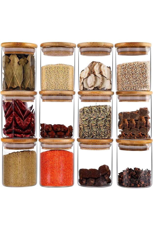 12-Piece Glass Jars with Wooden Lid for Stylish Spice Organization in Your Kitchen
