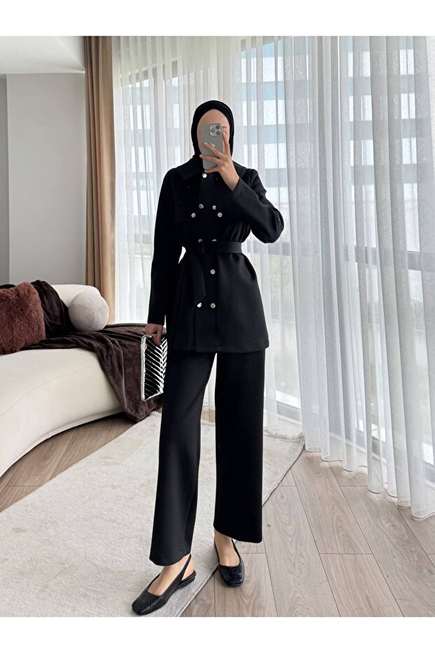 Women's Scuba Snap Closure Belted Pants Suit