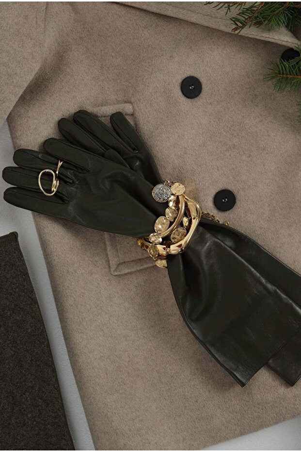 %100 Deri Uzun Eldiven Haki - 2