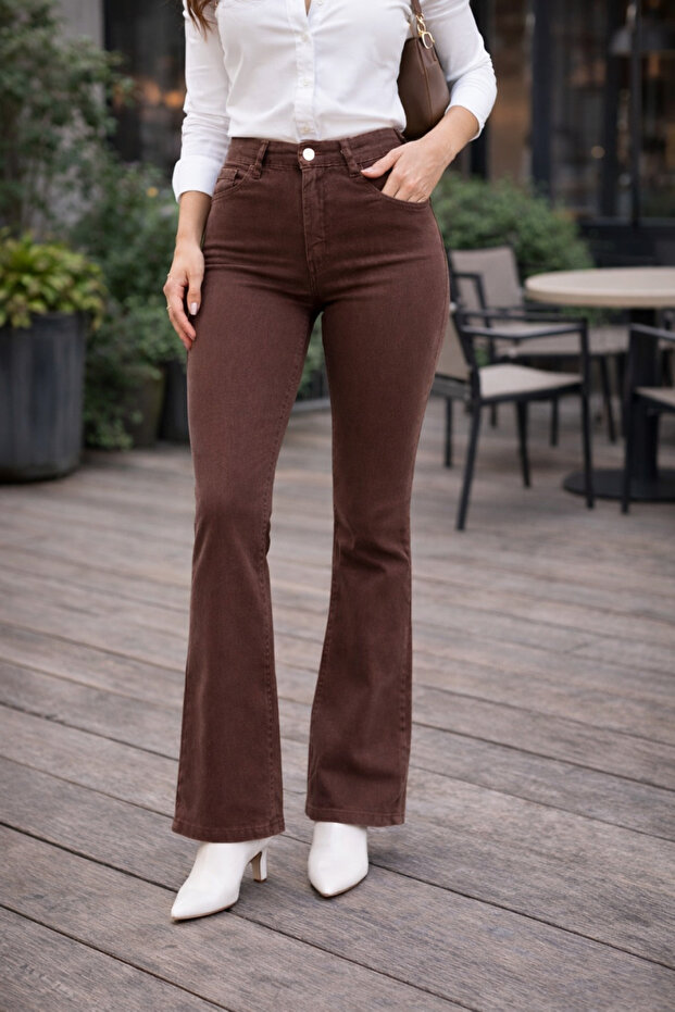 Isabelle Women’s High-Waist Brown Stretch Fabric Flared Flare Jeans Pants Comfort Long