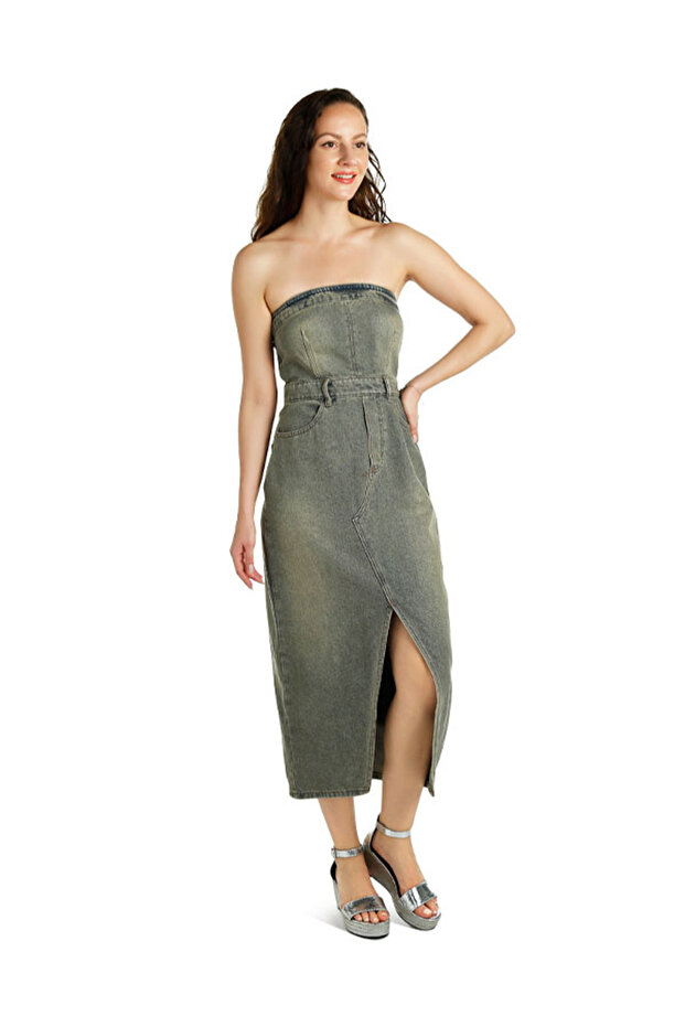 Women Strapless Denim Midi Dress