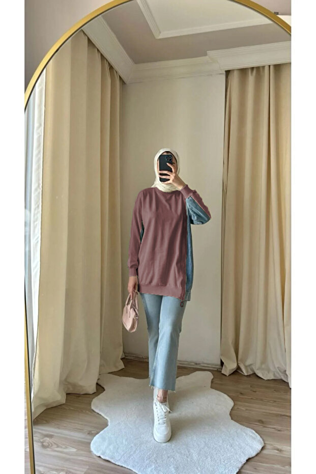 8777 - 2 Thread Comfortable, Loose Side Zipper Women's Long Sweatshirt with Denim Detail