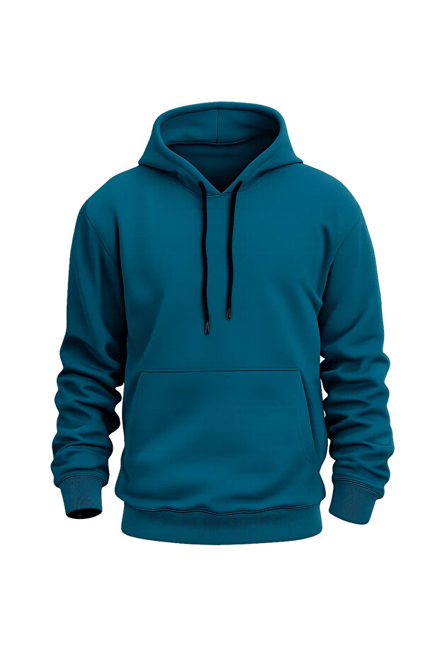 Erkek Rahat Basic Mint Kapşonlu Sweatshirt - 2