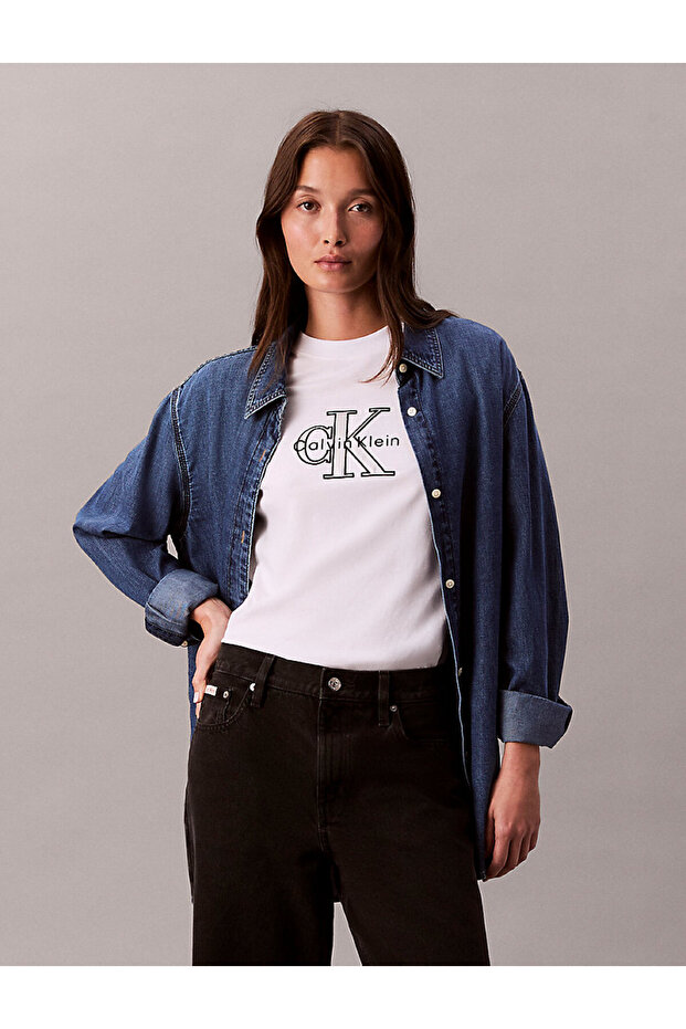 Női normál szabású, kerek nyakú, logóval hímzett, rövid ujjú fehér póló LV047E819G-YAA - 5