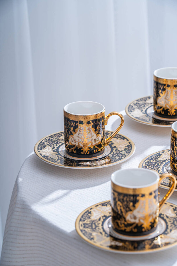 Milolica 24K Gold Detailed 6-Person Porcelain Coffee Cup Set - 100 ml