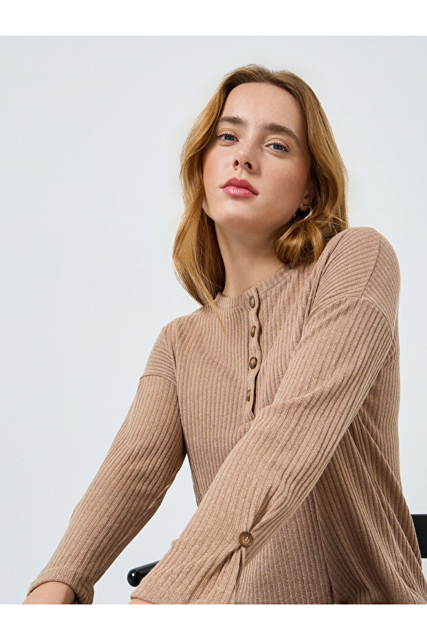 Women Beige Ribbed Knit Top with Button Detail