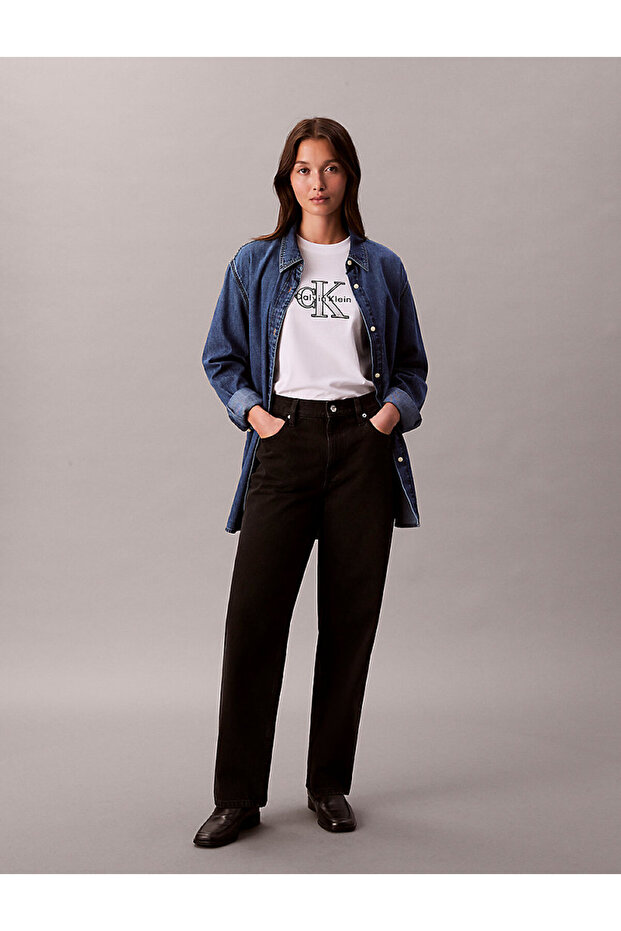 Női normál szabású, kerek nyakú, logóval hímzett, rövid ujjú fehér póló LV047E819G-YAA - 3