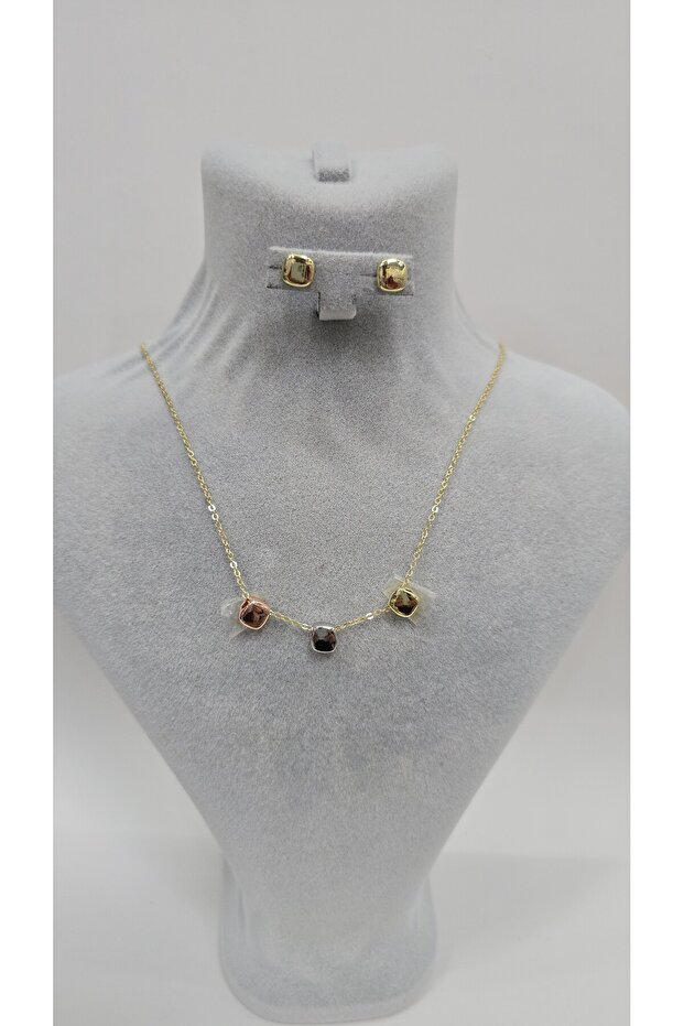 Stainless Steel Gold Color Three Tone Block Shaped Necklace, Earrings Set