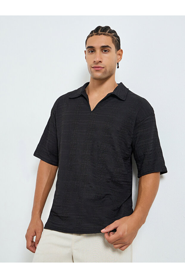 Men Textured Woven Relaxed Polo with Open Collar