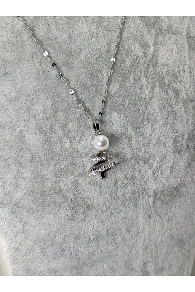 Steel Necklace Christmas Tree Zircon Stone Pearl Silver