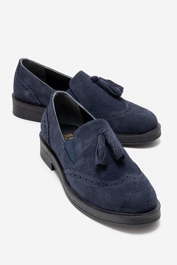 Alex Navy Blue Suede Genuine Leather Tasseled Elastic Women's Loafer Shoes