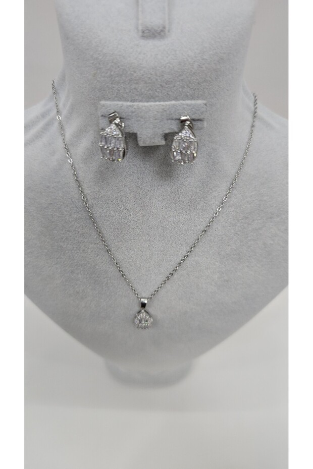 Stainless Steel Silver Color Oval Baguette Zircon Stone Necklace, Earrings Set