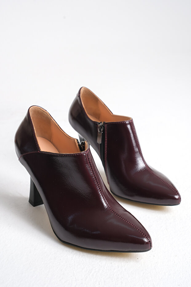 GNS Shoes LANDO Hakiki Deri Bordo Rugan İnce Topuklu Botie