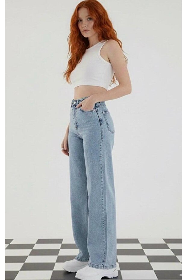 Lisa Women's Light Blue High Waist Washed Wide Leg 90's Jeans Fit Mold Pants
