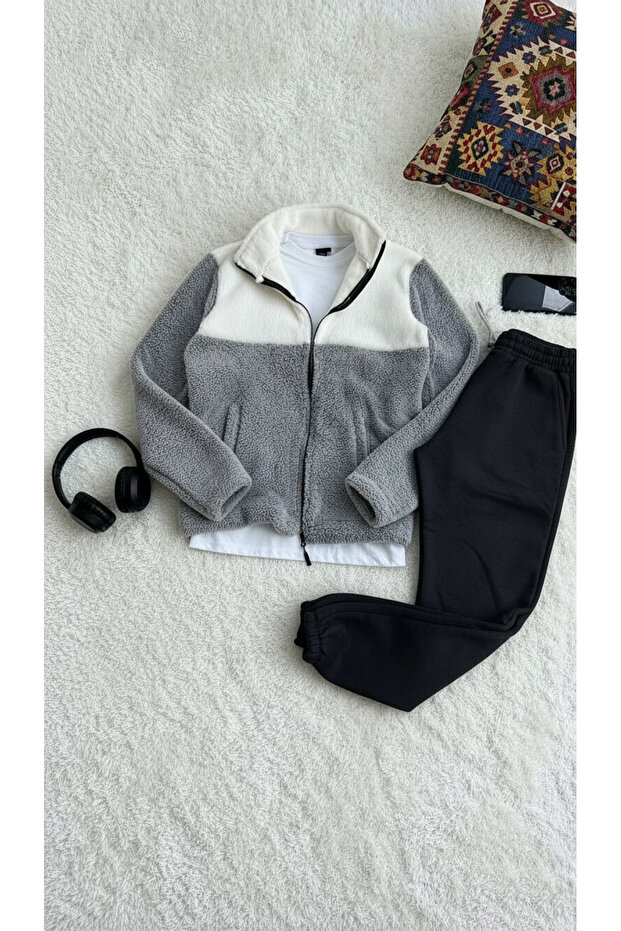 Men's Color Block Pocket Detailed Plush Jacket and Sweatpants Combination Top and Bottom