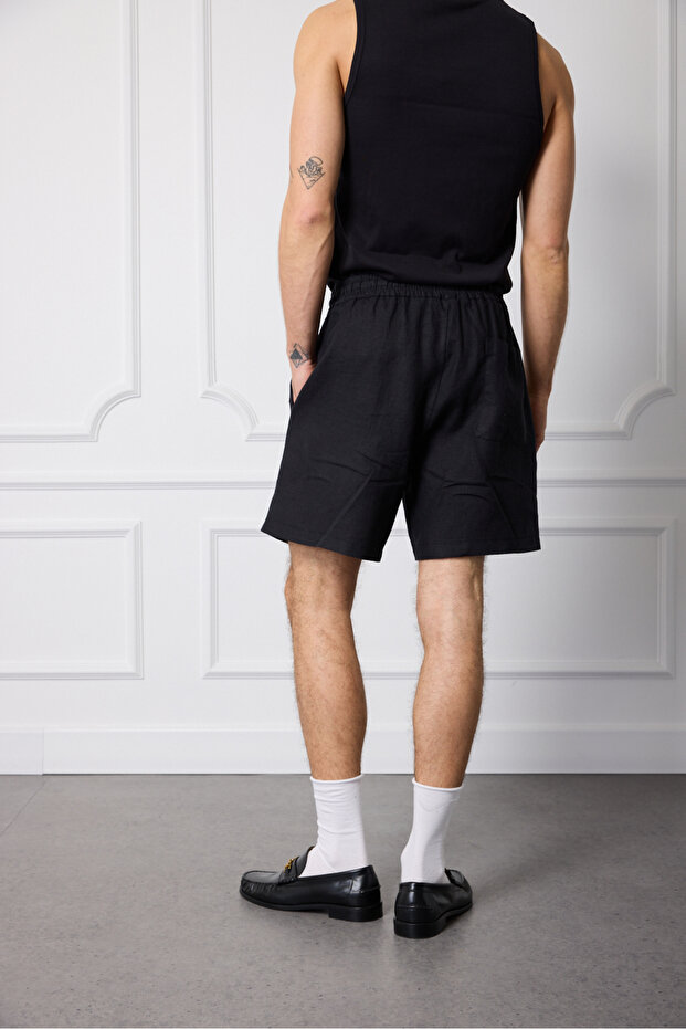 %100 Keten Beli Lastikli Şort - 4