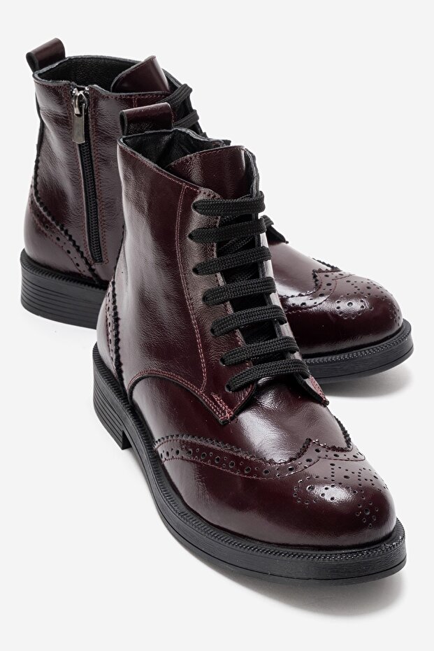 Nelvy Burgundy Patent Leather Genuine Leather Women's Boots